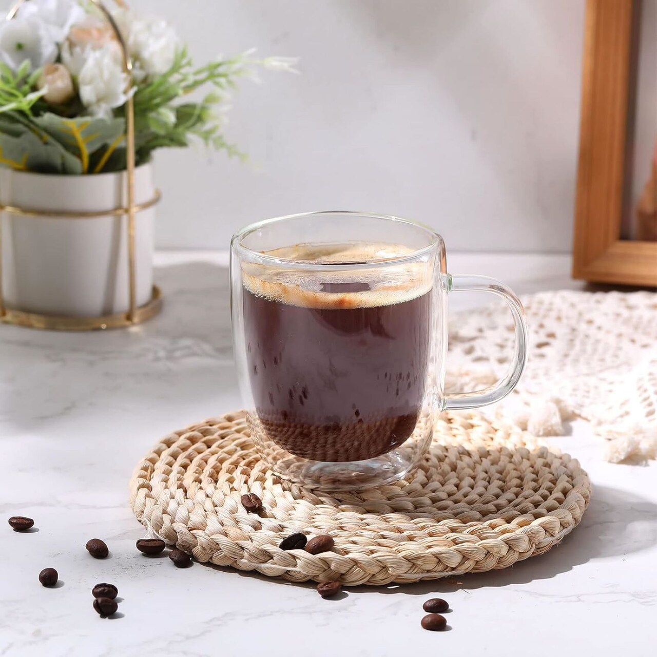 Double Walled Glass Coffee Mugs with Handle Insulated Glass Cappuccino Mugs